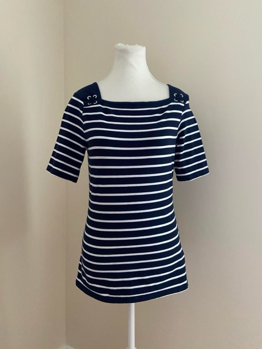Chaps Navy and White Striped Square Neck Short Sleeve Top